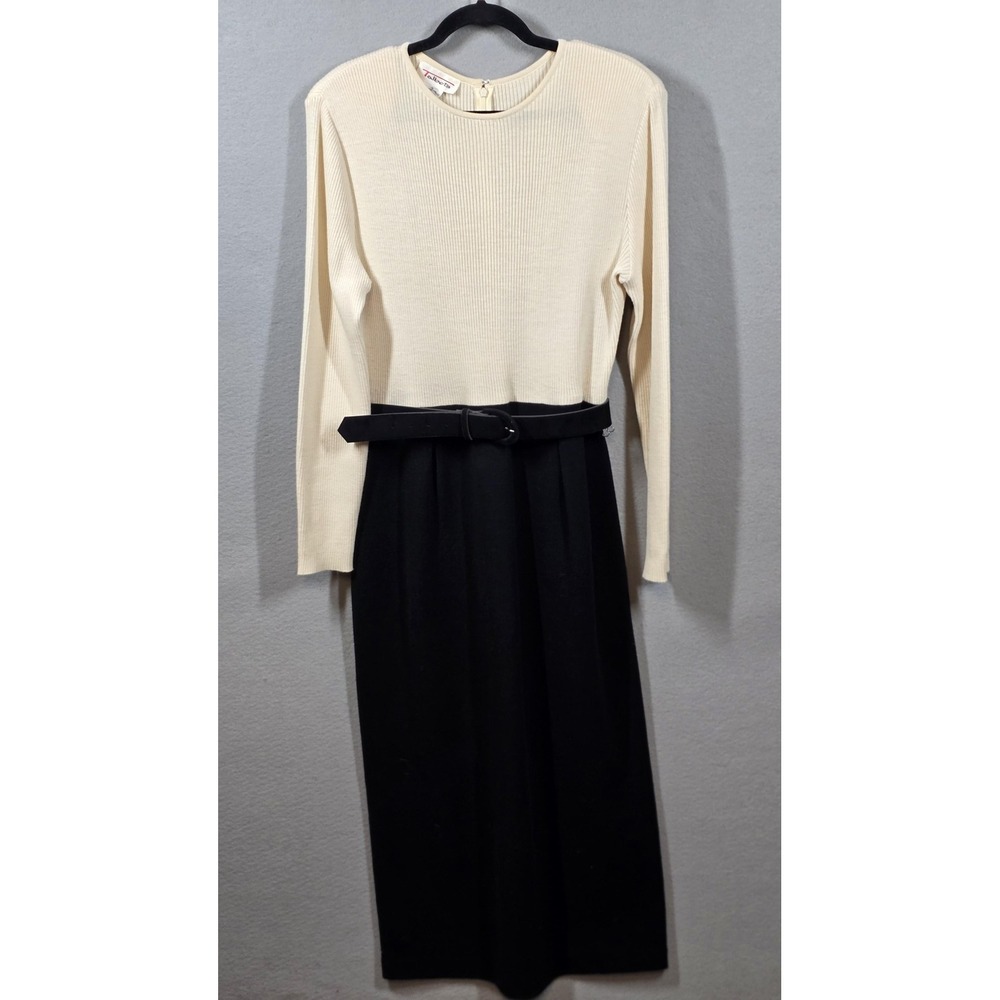 Talbots Sweater Dress Womens Large Black Colorblock Knit Belt Wool Blend Vintage